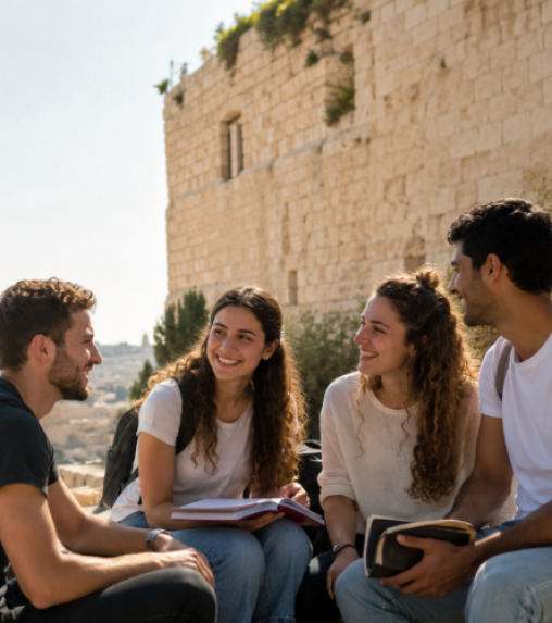 Four young adults sitting together outdoors, smiling and engaging in conversation, with a stone wall and greenery in the background. One person holds a book.