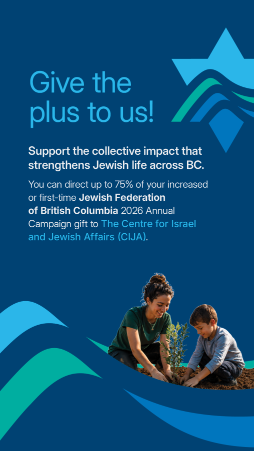 Promotional graphic in Jewish Federation of British Columbia branded blue and teal colours. The headline reads “Give the plus to us!” followed by text encouraging supporters to direct up to 75% of an increased or first-time J