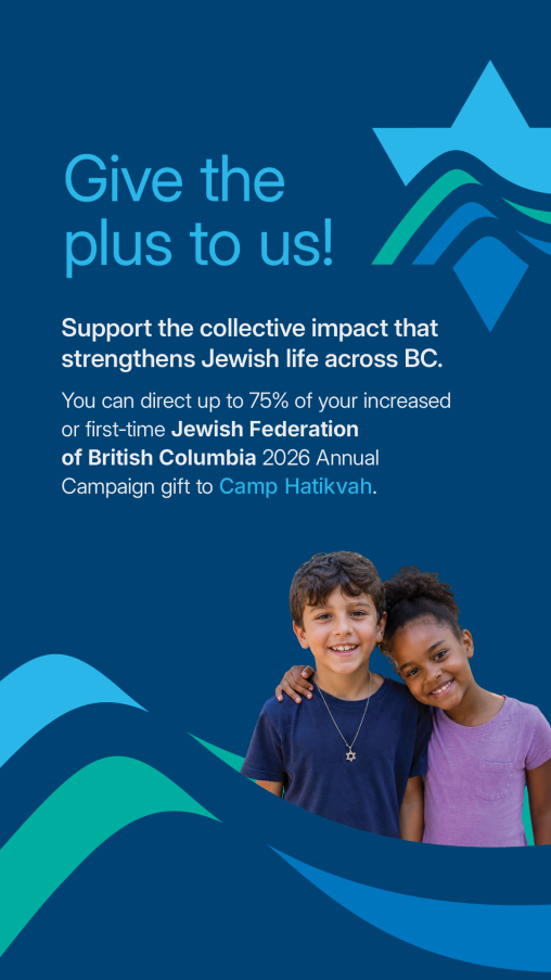 Graphic in Jewish Federation of British Columbia branded blue and teal colours. The headline reads “Give the plus to us!” followed by text encouraging supporters to direct up to 75% of an increased or first-time Jewish Federa