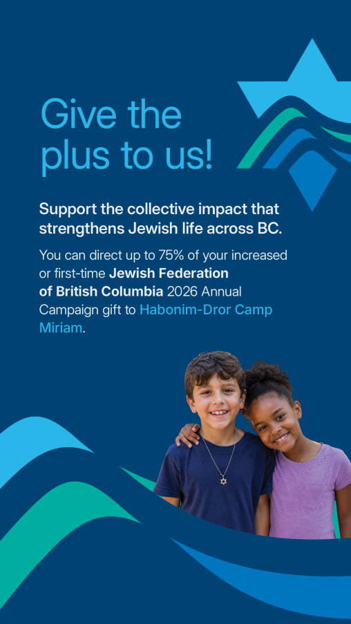 Graphic in Jewish Federation of British Columbia branded blue and teal colours. The headline reads “Give the plus to us!” followed by text encouraging supporters to direct up to 75% of an increased or first-time Jewish Federa