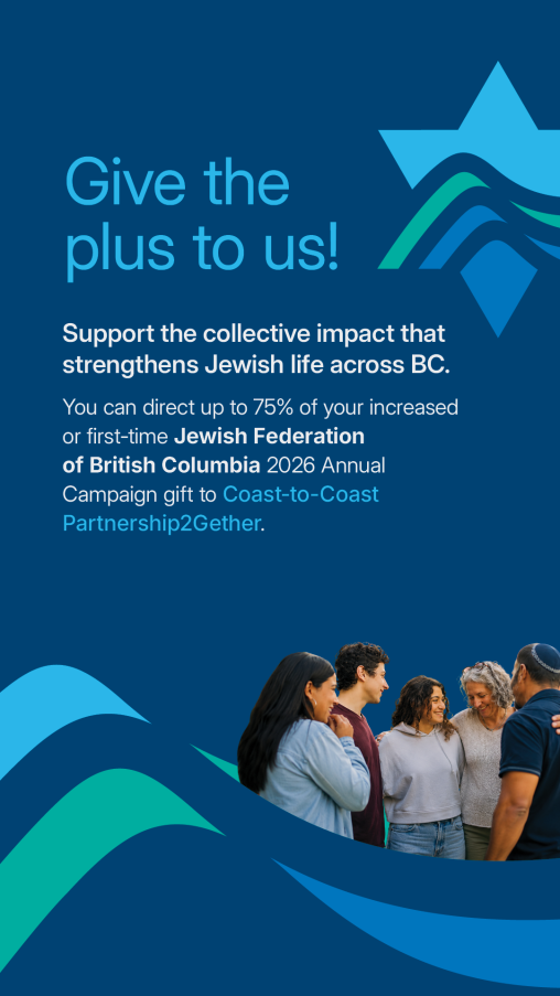 Promotional graphic in Jewish Federation of British Columbia branded blue and teal colours. The headline reads “Give the plus to us!” followed by text encouraging supporters to direct up to 75% of an increased or first-time J