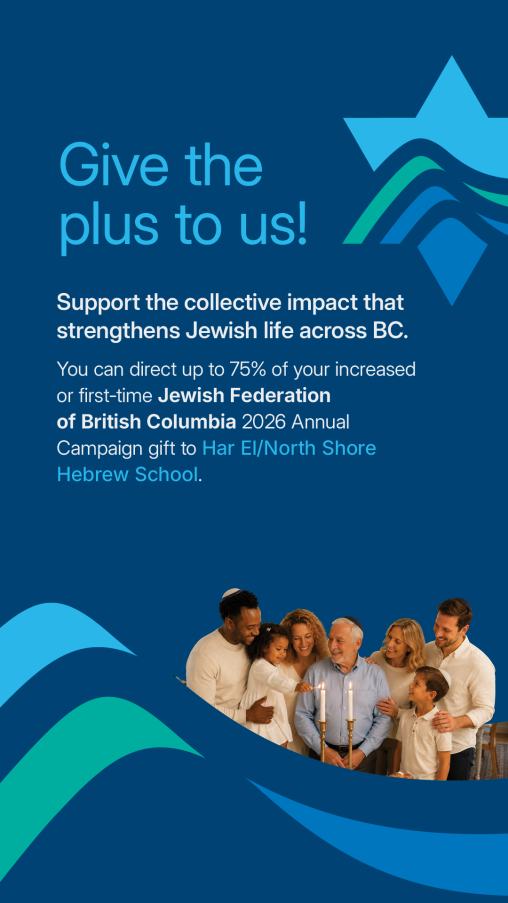 Graphic in Jewish Federation of British Columbia branded blue and teal colours. The headline reads “Give the plus to us!” followed by text encouraging supporters to direct up to 75% of an increased or first-time Jewish Federa
