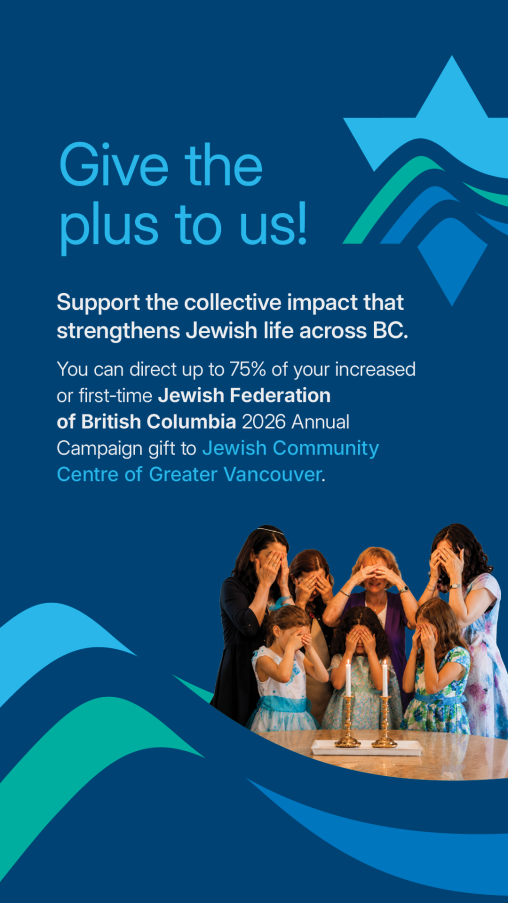 Promotional graphic in Jewish Federation of British Columbia branded blue and teal colours. The headline reads “Give the plus to us!” followed by text encouraging supporters to direct up to 75% of an increased or first-time J