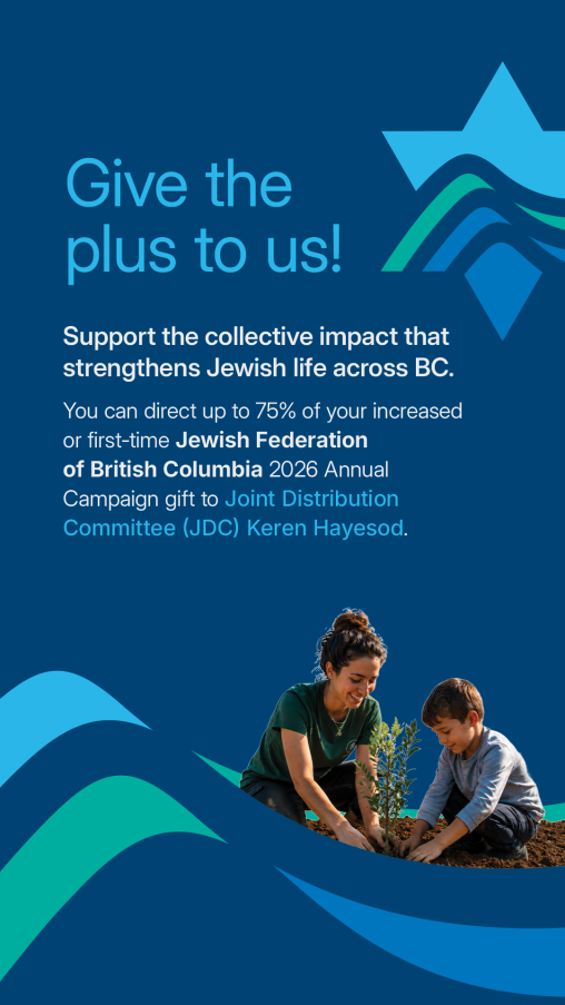 Promotional graphic in Jewish Federation of British Columbia branded blue and teal colours. The headline reads “Give the plus to us!” followed by text encouraging supporters to direct up to 75% of an increased or first-time J