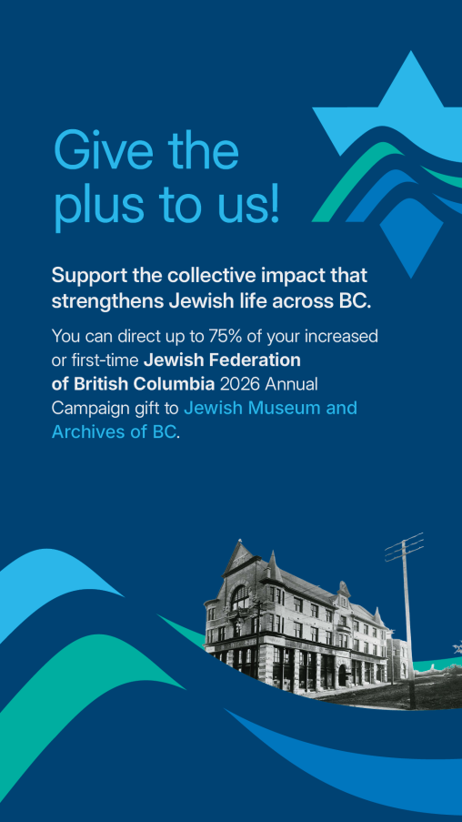 Promotional graphic in Jewish Federation of British Columbia branded blue and teal colours. The headline reads “Give the plus to us!” followed by text encouraging supporters to direct up to 75% of an increased or first-time J