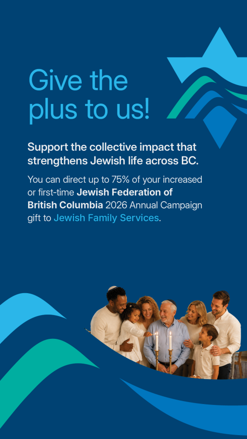 Graphic in Jewish Federation of British Columbia branded blue and teal colours. The headline reads “Give the plus to us!” followed by text encouraging supporters to direct up to 75% of an increased or first-time Jewish Federa