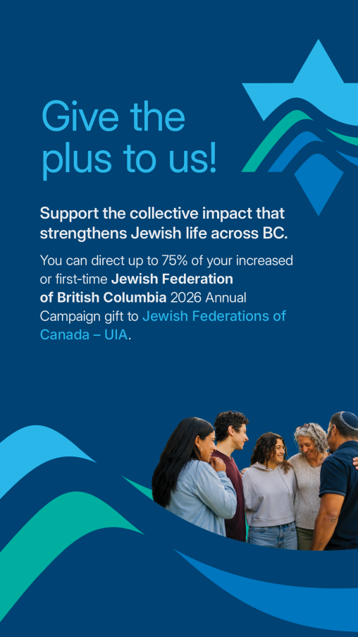 Promotional graphic in Jewish Federation of British Columbia branded blue and teal colours. The headline reads “Give the plus to us!” followed by text encouraging supporters to direct up to 75% of an increased or first-time J