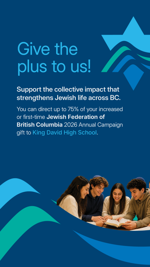 Promotional graphic in Jewish Federation of British Columbia branded blue and teal colours. The headline reads “Give the plus to us!” followed by text encouraging supporters to direct up to 75% of an increased or first-time J
