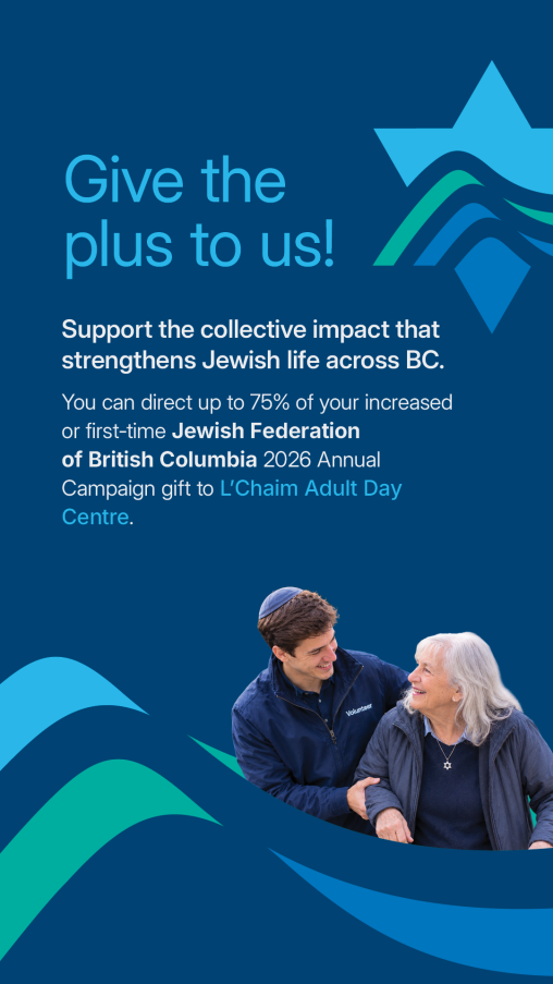 Promotional graphic in Jewish Federation of British Columbia branded blue and teal colours. The headline reads “Give the plus to us!” followed by text encouraging supporters to direct up to 75% of an increased or first-time J