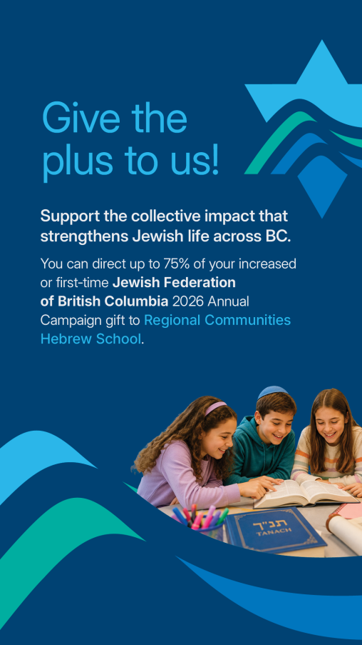 Promotional graphic in Jewish Federation of British Columbia branded blue and teal colours. The headline reads “Give the plus to us!” followed by text encouraging supporters to direct up to 75% of an increased or first-time J