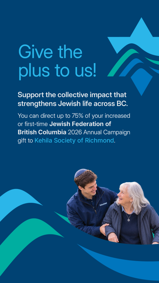 Promotional graphic in Jewish Federation of British Columbia branded blue and teal colours. The headline reads “Give the plus to us!” followed by text encouraging supporters to direct up to 75% of an increased or first-time J
