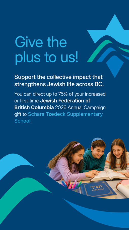 Promotional graphic in Jewish Federation of British Columbia branded blue and teal colours. The headline reads “Give the plus to us!” followed by text encouraging supporters to direct up to 75% of an increased or first-time J