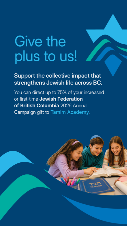 Promotional graphic in Jewish Federation of British Columbia branded blue and teal colours. The headline reads “Give the plus to us!” followed by text encouraging supporters to direct up to 75% of an increased or first-time J