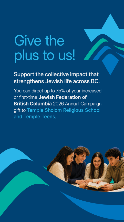Promotional graphic in Jewish Federation of British Columbia branded blue and teal colours. The headline reads “Give the plus to us!” followed by text encouraging supporters to direct up to 75% of an increased or first-time J