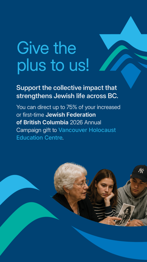 Promotional graphic in Jewish Federation of British Columbia branded blue and teal colours. The headline reads “Give the plus to us!” followed by text encouraging supporters to direct up to 75% of an increased or first-time J