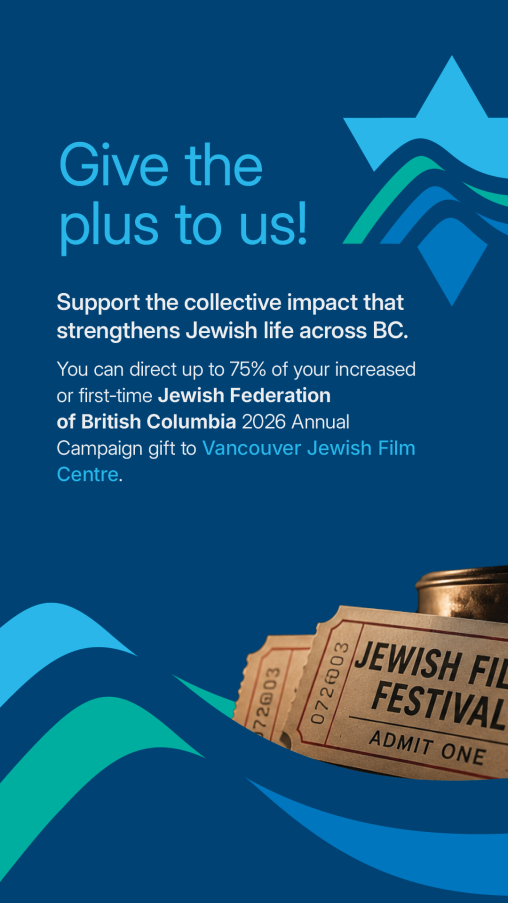 Promotional graphic in Jewish Federation of British Columbia branded blue and teal colours. The headline reads “Give the plus to us!” followed by text encouraging supporters to direct up to 75% of an increased or first-time J