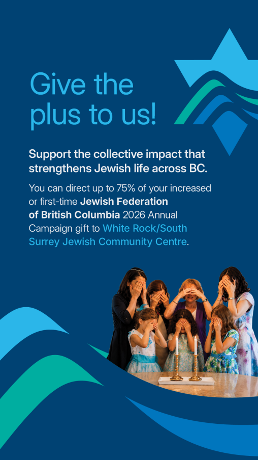 Promotional graphic in Jewish Federation of British Columbia branded blue and teal colours. The headline reads “Give the plus to us!” followed by text encouraging supporters to direct up to 75% of an increased or first-time J