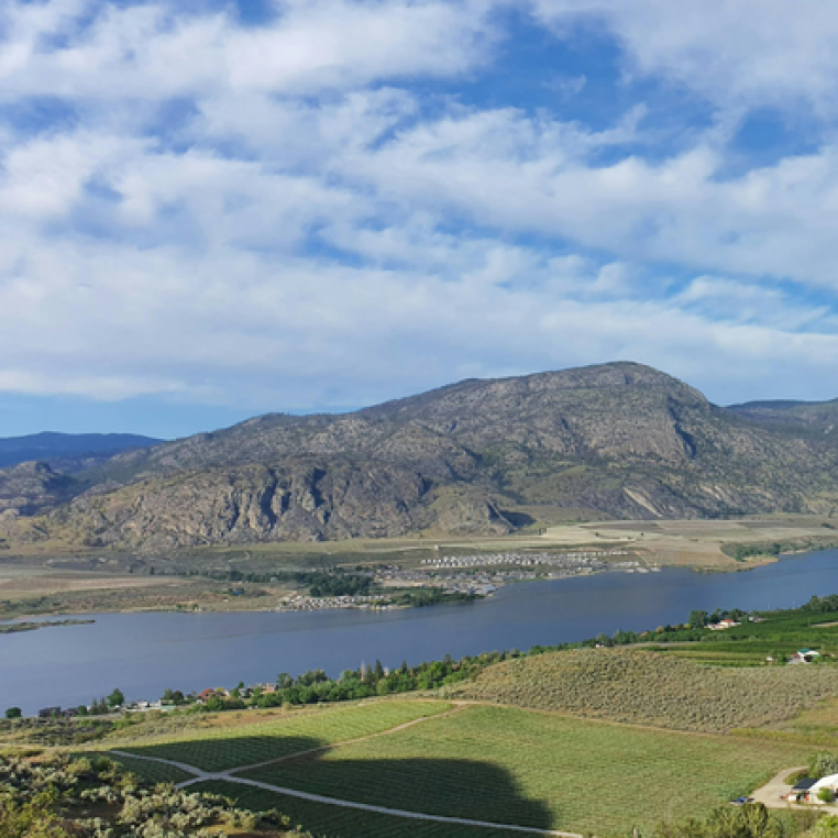 A panoramic view of a river winding through a valley, surrounded by mountains and fields, under a partly cloudy sky.