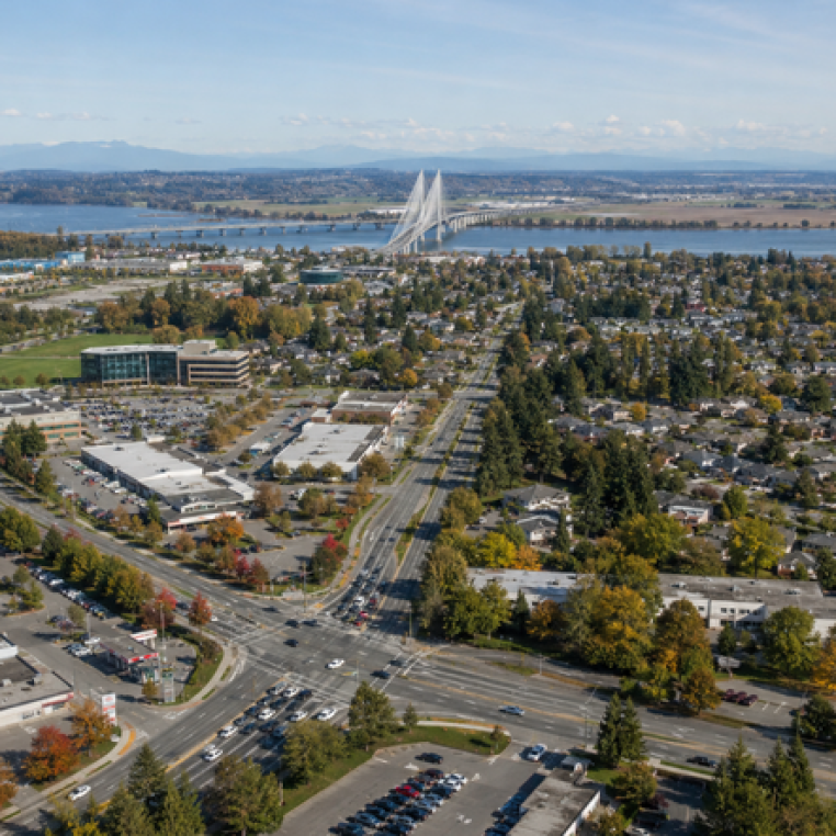 Aerial view of a city intersection with cars, surrounded by buildings and trees, featuring a large bridge over a river in the background.
