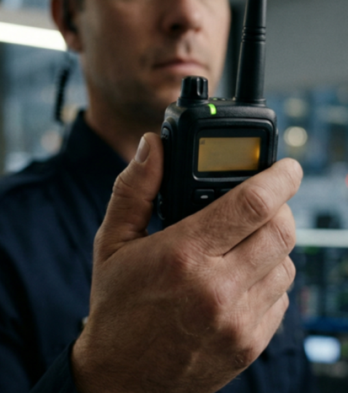 A close-up of a man's hand holding a walkie-talkie with a green indicator light, set against a blurred background of a control room.
