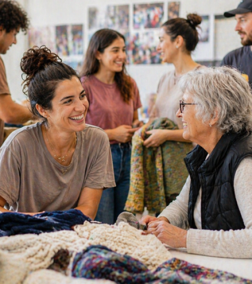 A woman and an older woman smiling and talking at a table covered with knitted items, with several people in the background.