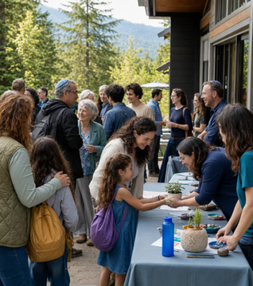 A diverse group of people interacting outdoors near a building, with tables displaying plants and crafts. Children and adults are engaged in conversation and activities.