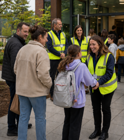 A group of adults in yellow "SECURITY" vests greet children and parents outside a building, with a welcoming atmosphere.