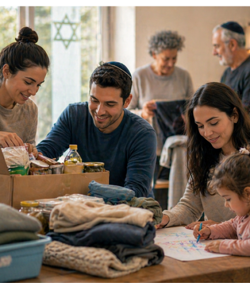 A group of four people, including two women, a man, and a young girl, are gathered around a table filled with food and clothing donations, with a Star of David visible in the background.