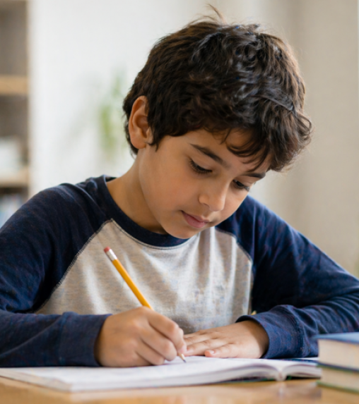 A young boy with curly hair is focused on writing in a notebook at a table, holding a yellow pencil in his right hand.