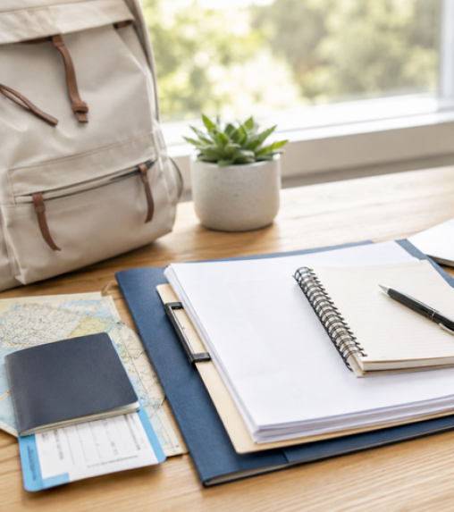 A light-colored backpack sits next to a small potted plant on a wooden table, with a notebook, a pen, a map, and a folder containing papers.