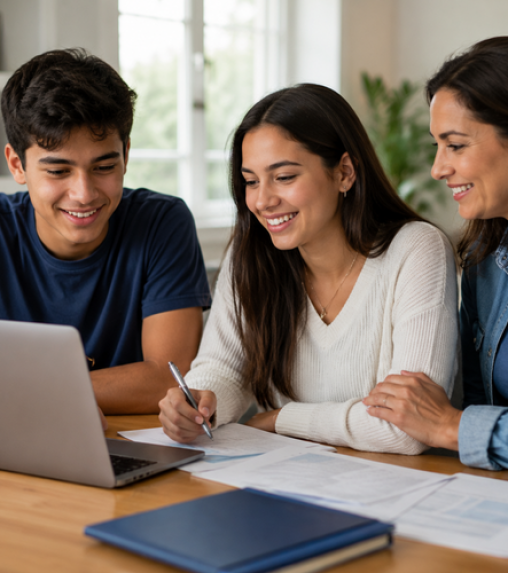 A young man and woman, along with an adult woman, are gathered around a laptop at a table, reviewing documents and smiling.