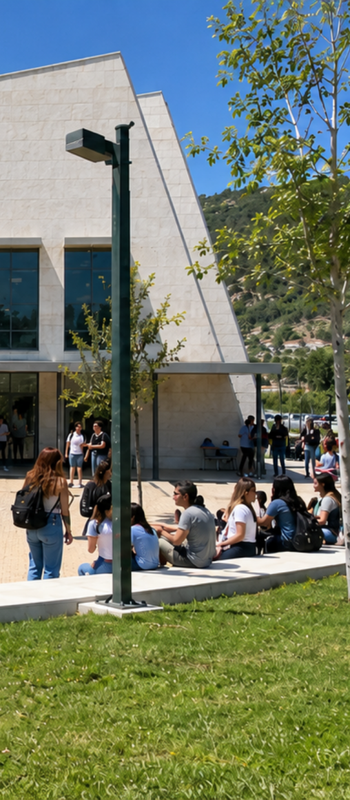 A group of people sitting and standing outside a modern building with large windows, surrounded by greenery and a clear blue sky.