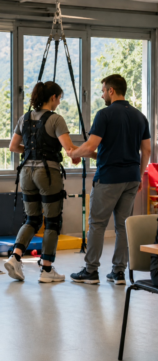 A woman wearing a robotic exoskeleton is holding hands with a man in a blue shirt, both standing in a bright room with large windows.