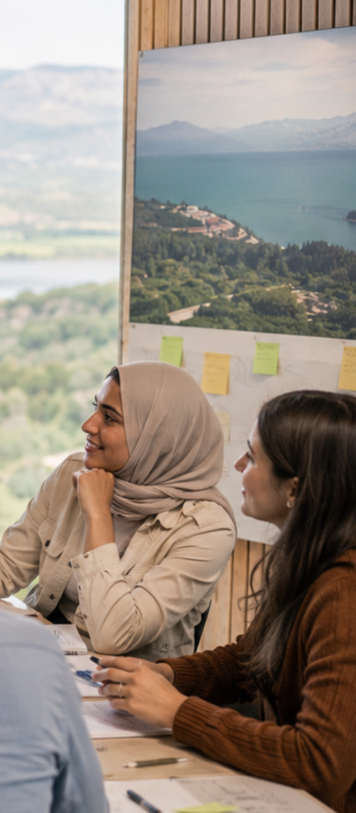 A woman in a beige hijab and a woman with long brown hair are engaged in conversation at a table, with a scenic landscape photo in the background.