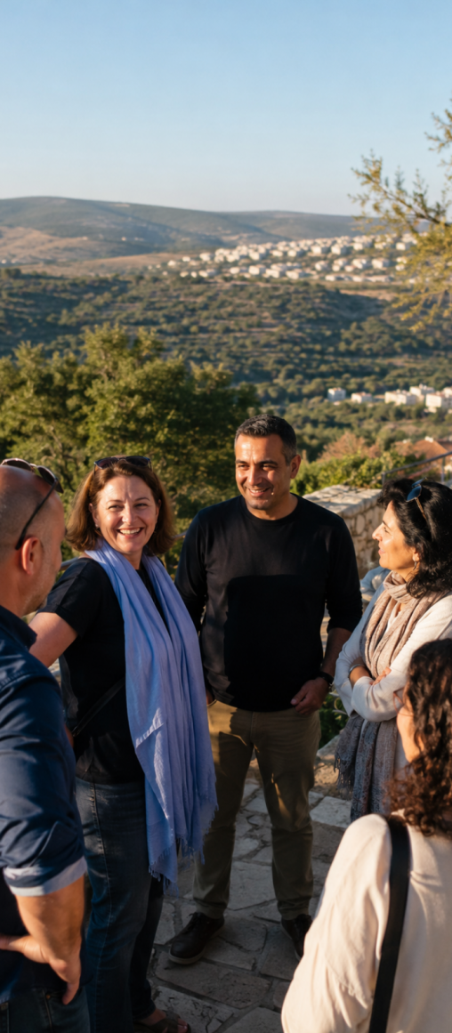 A group of five adults, standing outdoors with a scenic view of hills and houses in the background, engaged in conversation.