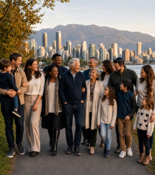A diverse group of 15 people, including adults and children, walking together on a path with a city skyline and mountains in the background.