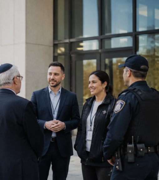 Four individuals are engaged in conversation outside a building; two are wearing formal attire, one is in a police uniform, and one is wearing a kippah.