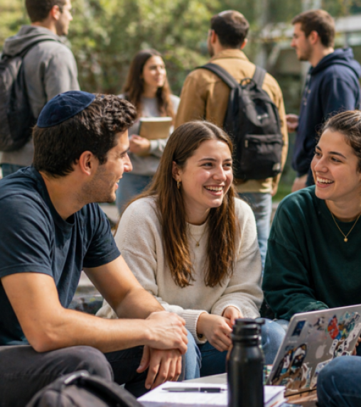 A group of three students, two women and one man, sitting together outdoors, smiling and engaging in conversation, with a laptop and notebooks on the table. A man in the background is wearing a kippah