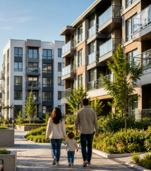 A family of three, a woman, a man, and a child, walking hand-in-hand along a pathway lined with greenery in a modern apartment complex.