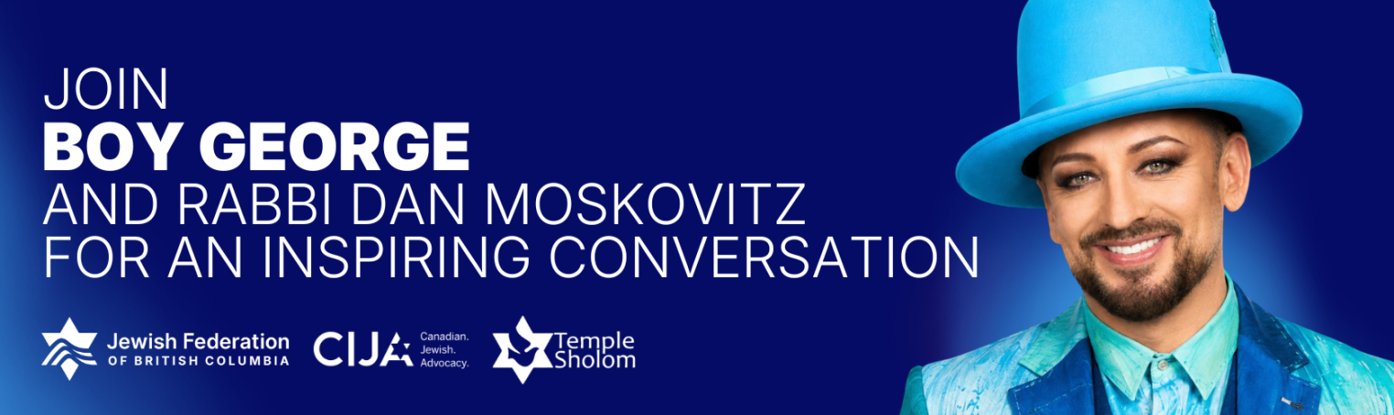 A promotional image featuring Boy George in a bright blue hat and suit, smiling against a gradient blue background. Text reads, "Join Boy George and Rabbi Dan Moskovitz for an inspiring conversation,"