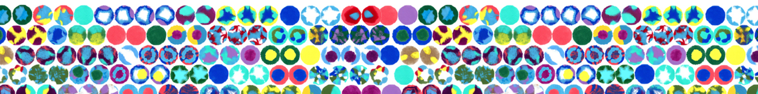 A colorful abstract pattern featuring rows of circular shapes in various colors and designs, including blues, reds, greens, and yellows.