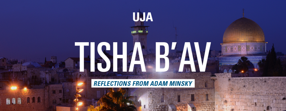 A nighttime view of Jerusalem featuring the Dome of the Rock, with text overlay reading "UJA TISHA B'AV REFLECTIONS FROM ADAM MINSKY."