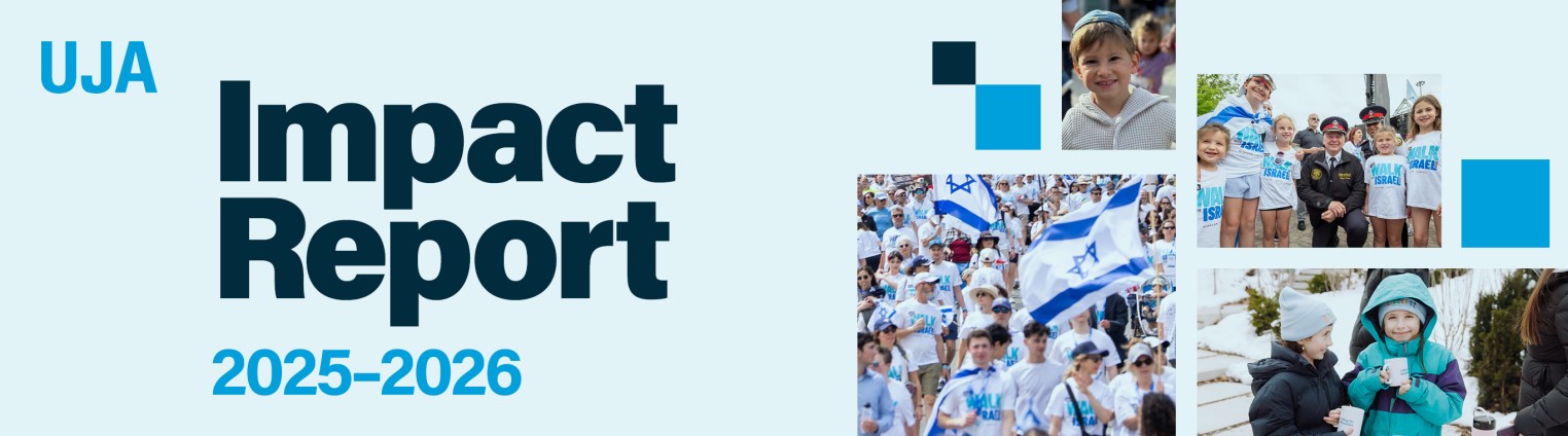 A light blue background features the text "UJA Impact Report 2025-2026" in bold black and blue letters. Surrounding images show children at a parade with Israeli flags, a group of children with a poli