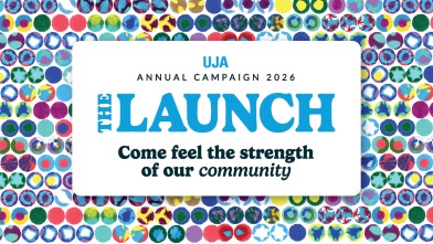 Colorful abstract circles form a background, with a white box in the center displaying text: "UJA ANNUAL CAMPAIGN 2026 THE LAUNCH Come feel the strength of our community."