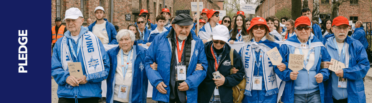 A group individuals in blue jackets walking arm in arm, holding signs, with students in the background holding a sign that reads "Students Toronto Canada." The bottom of the image features the text "Pledge".