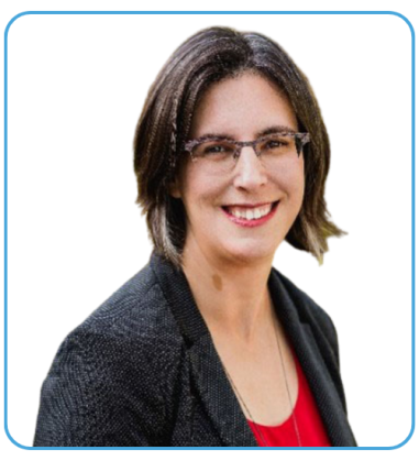 A woman with shoulder-length dark hair and glasses smiles while wearing a black blazer over a red top, against a plain background.