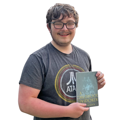 A young man with glasses smiles while holding a book titled "A Childhood Unspoken" by David Doduck against a black background.
