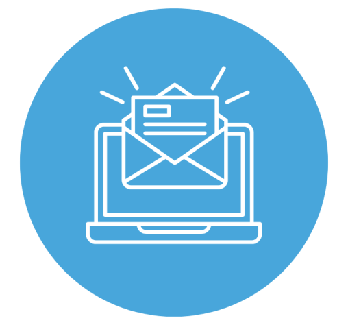 A blue circular icon featuring a laptop with an envelope emerging from the screen, surrounded by lines indicating movement. null
