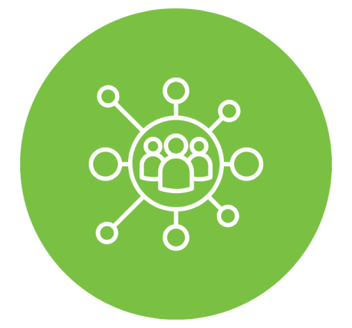 A green circular icon featuring a white outline of a group of four people in the center, connected by lines to smaller circles around them. null