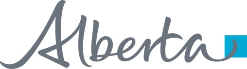 Stylized text of "Alberta" in gray cursive font, with a blue square to the right.